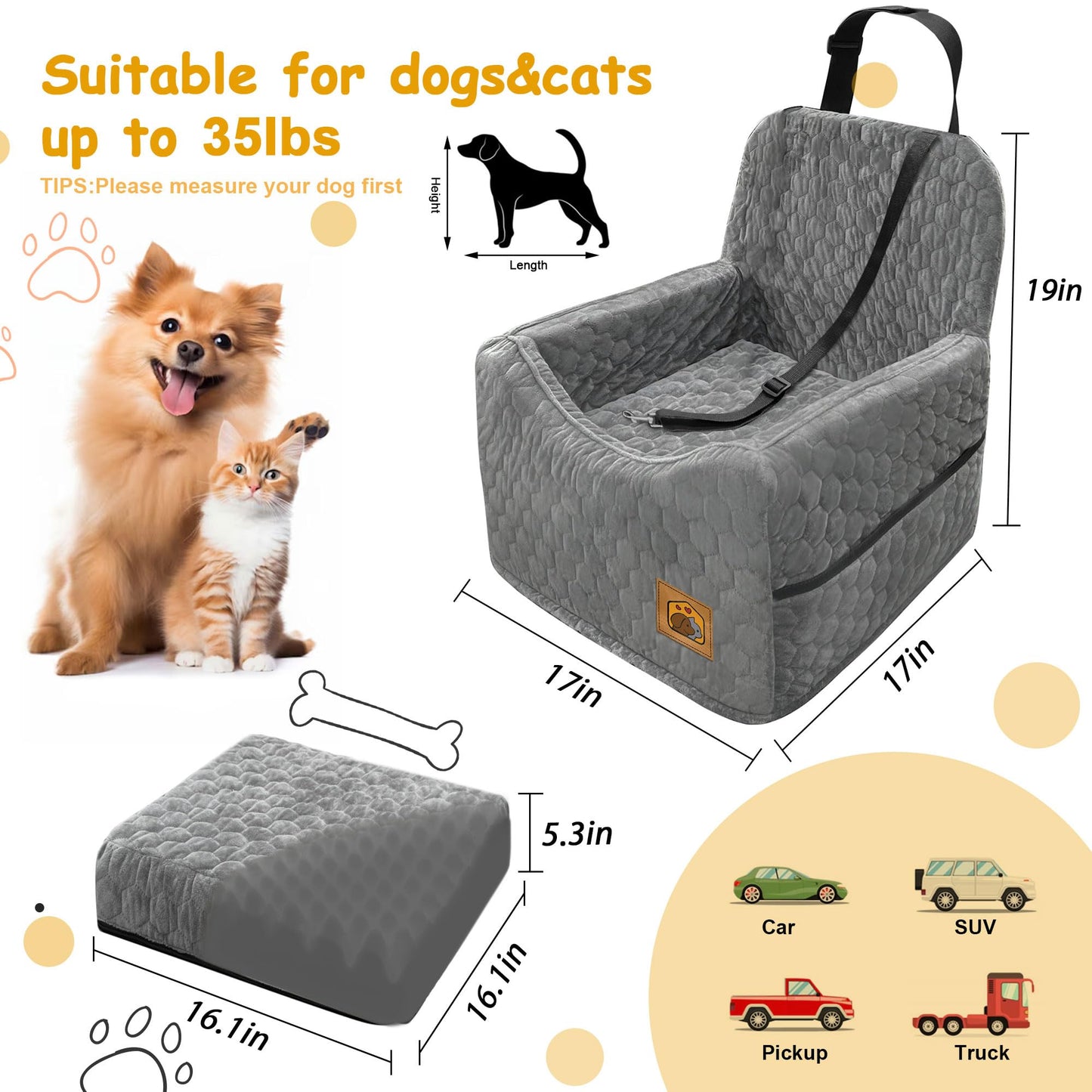 Travel Dog Car Seat for Dogs up to 35 lbs – Gray