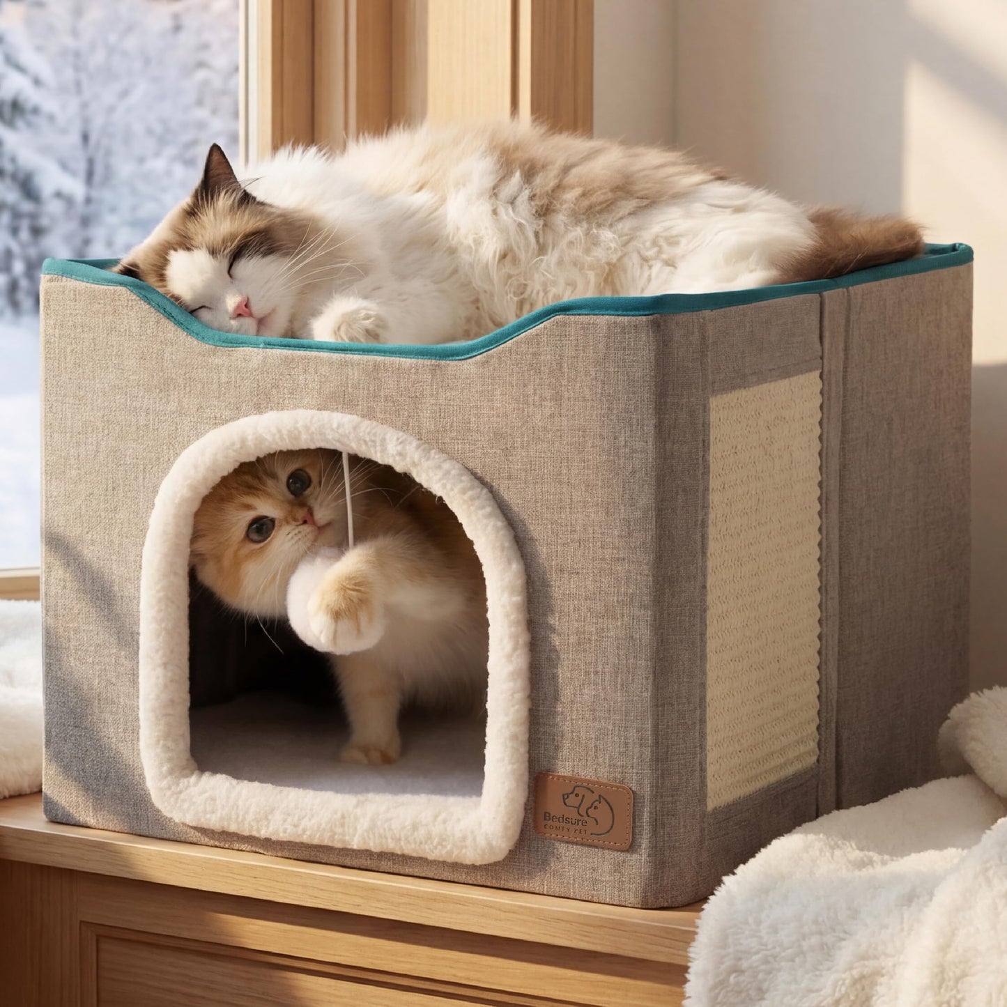 Bedsure Large Cat Cave Bed with Hanging Ball – Grey