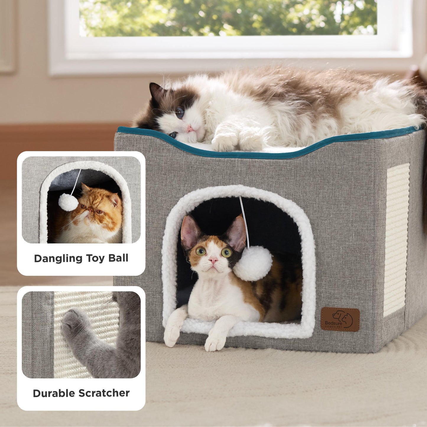 Bedsure Large Cat Cave Bed with Hanging Ball – Grey