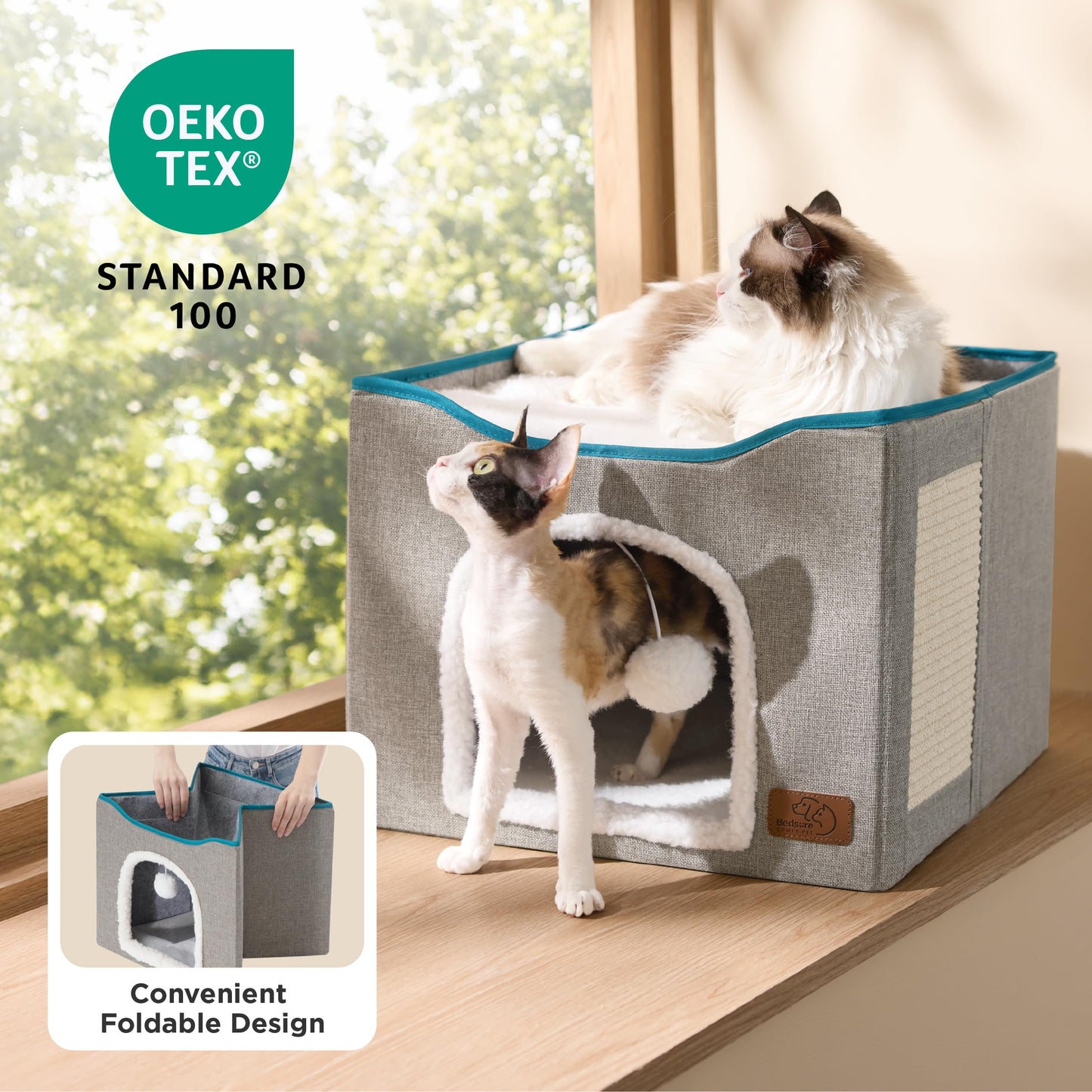 Bedsure Large Cat Cave Bed with Hanging Ball – Grey